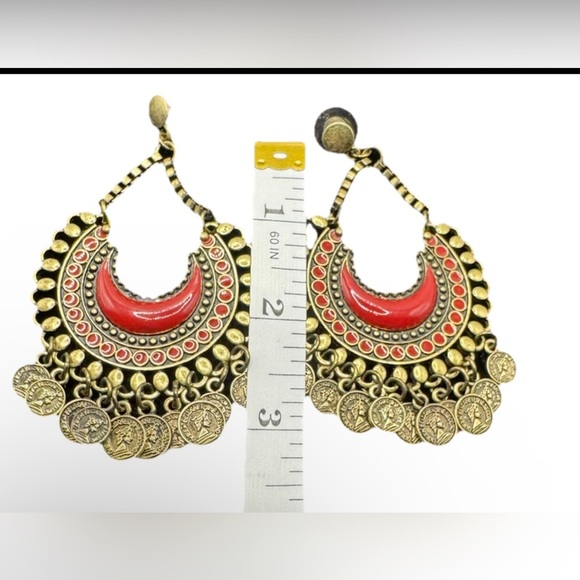Large Bollywood Style Boho Earrings. Gold Tone - Red Stone & Roman Coin Dangles - Picture 2 of 5